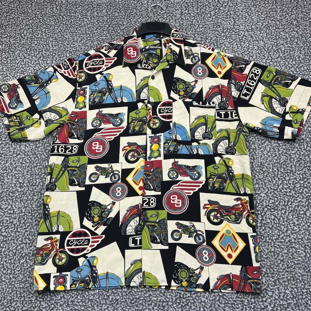 Vintage Ferruche Button Up Shirt Men Large Motorcycle Print Short Sleeve Biker L